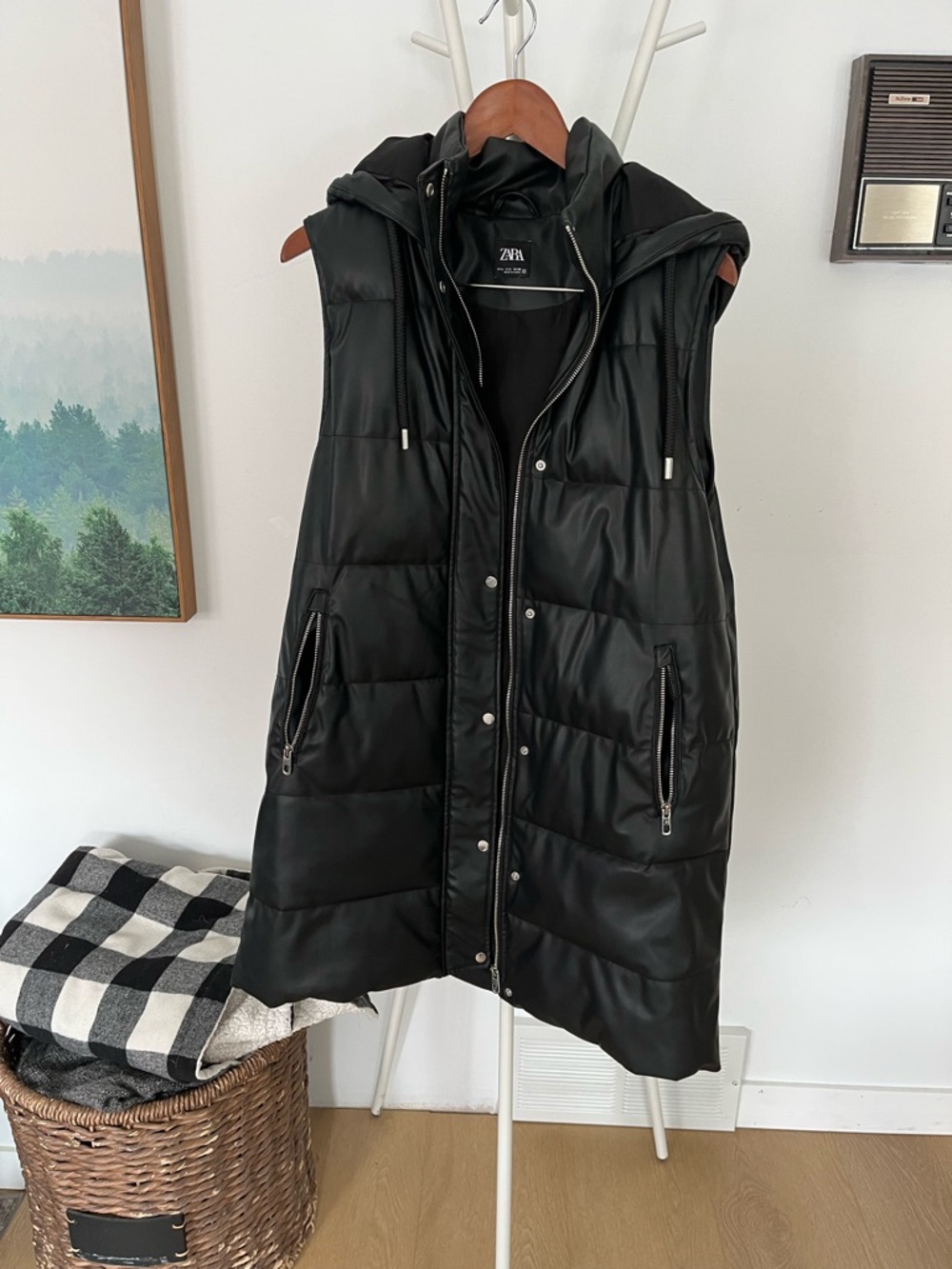 Zara Black Faux-Leather Quilted Puffer Vest with Hood
